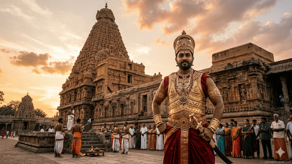 Rajaraja Chola I standing in front of Brihadeeswarar Temple in royal attire.