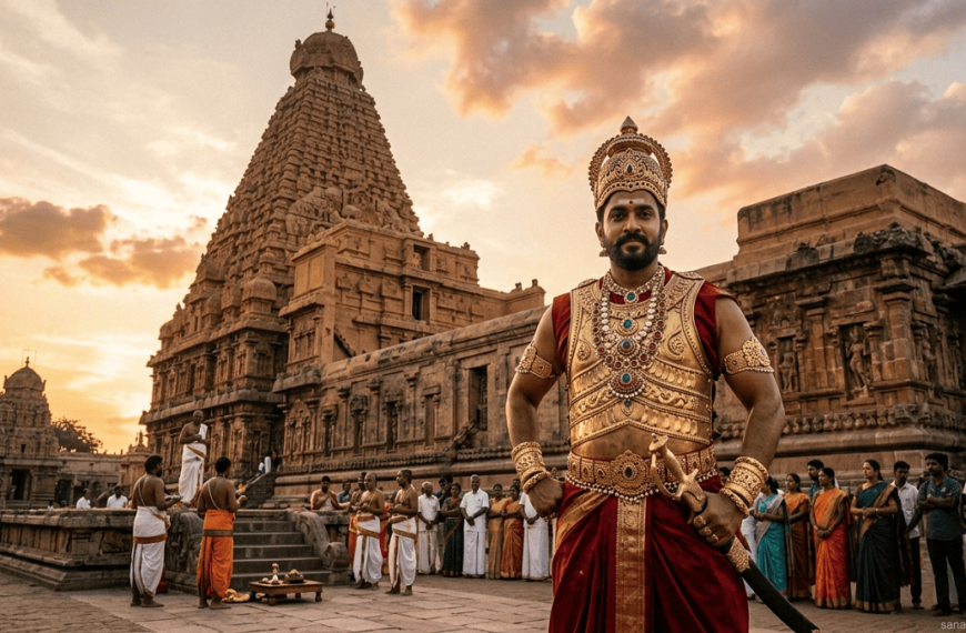 Rajaraja Chola I standing in front of Brihadeeswarar Temple in royal attire.