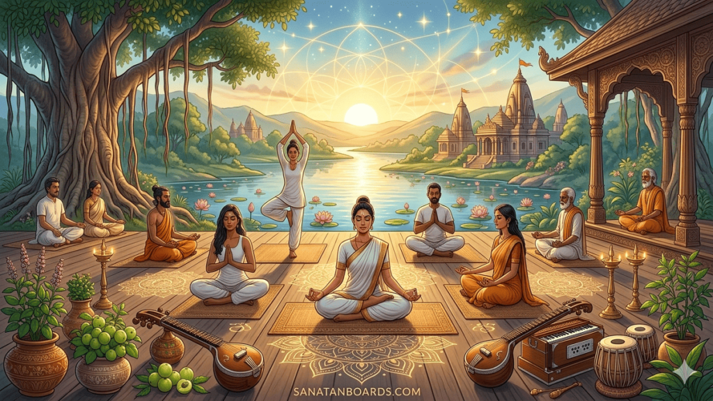 A serene illustration of people practicing yoga and meditation on a wooden deck by a river at sunrise, featuring Ayurvedic herbs, traditional musical instruments, and a distant temple.