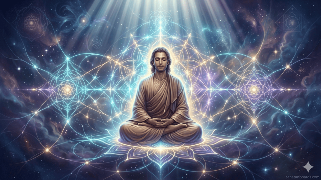 Person meditating with glowing energy patterns representing interconnected consciousness