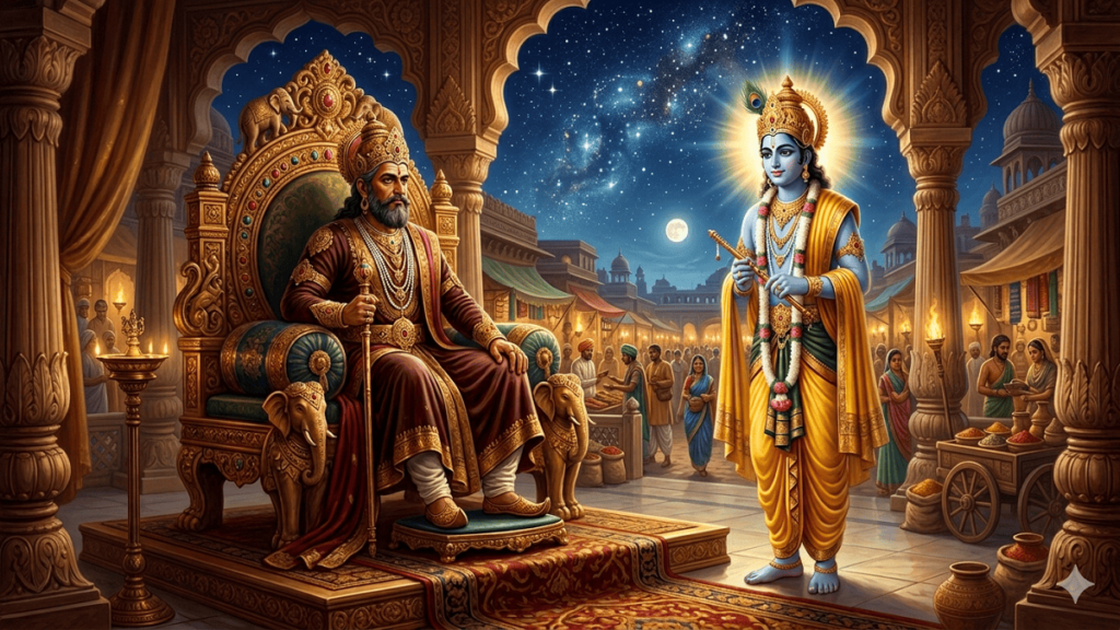 Illustration of King Yayati and Lord Krishna in Chandravanshi Dynasty with moon background