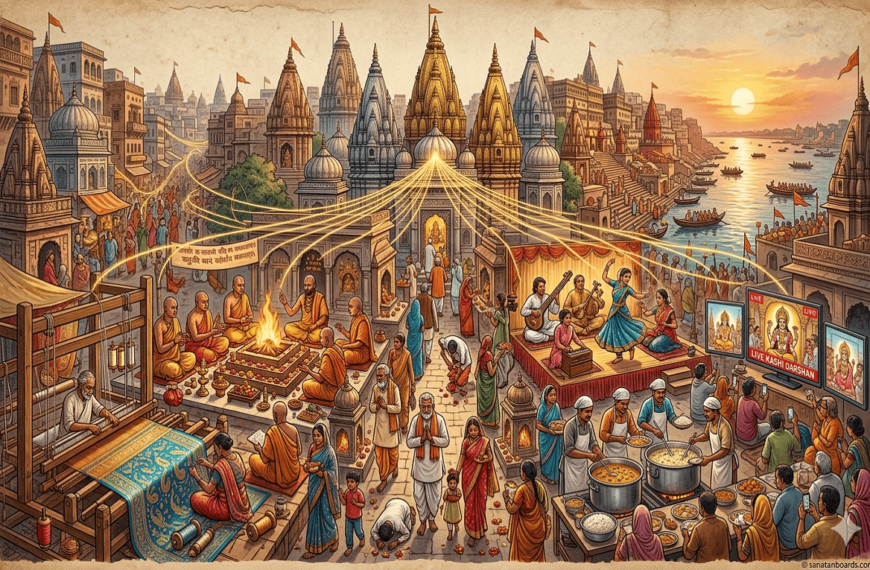 A detailed illustration of the Kashi Vishwanath Network, showing golden light connecting the temple to silk weavers, priests at a fire ritual, musicians, a community kitchen, and digital darshan screens.