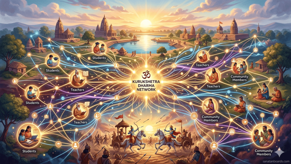 An inspirational digital map of the Kurukshetra Dharma Network, showing glowing nodes connecting students, teachers, and families over a background of the sacred city and the chariot of Arjuna and Krishna.