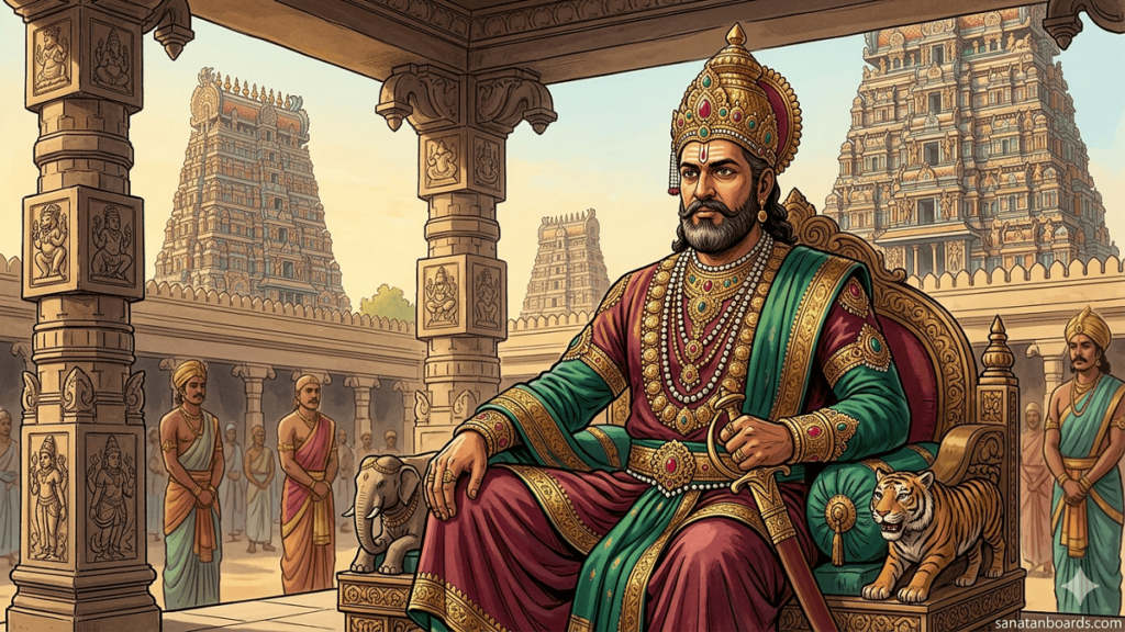 King Nedunjeliyan of the Pandya Dynasty sitting on a royal throne in Madurai.