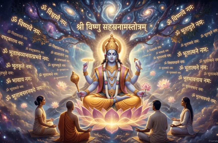 A meditative illustration of Lord Vishnu seated on a lotus in a cosmic space, surrounded by people meditating and floating Sanskrit mantras.