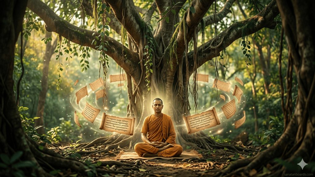 Person meditating under a sacred tree with Mundaka Upanishad scrolls, glowing light symbolizing wisdom.
