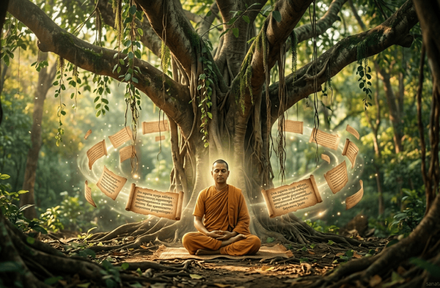 Person meditating under a sacred tree with Mundaka Upanishad scrolls, glowing light symbolizing wisdom.