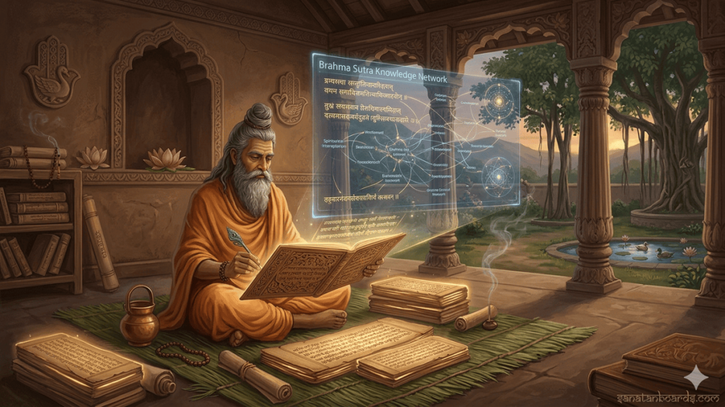 Sage studying Brahma Sutras in an ashram with glowing manuscripts and a digital learning interface, symbolizing the Brahma Sutra Knowledge Network.