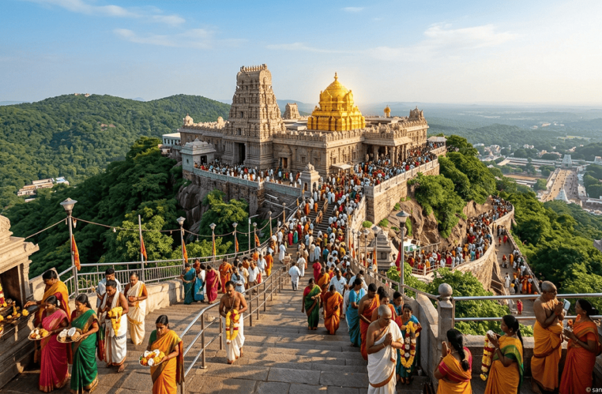 A panoramic view of a massive Hindu temple complex on a lush mountain peak, with thousands of pilgrims ascending wide stairs. The central dome is brilliant gold. The watermark "sanatanboards.com" is visible in the corner