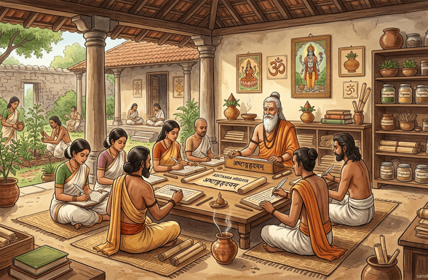 A traditional Ayurvedic classroom where a teacher and students study the Ashtanga Hridaya amidst herbal plants and medicinal jars, featuring a "sanatanboards.com" watermark.
