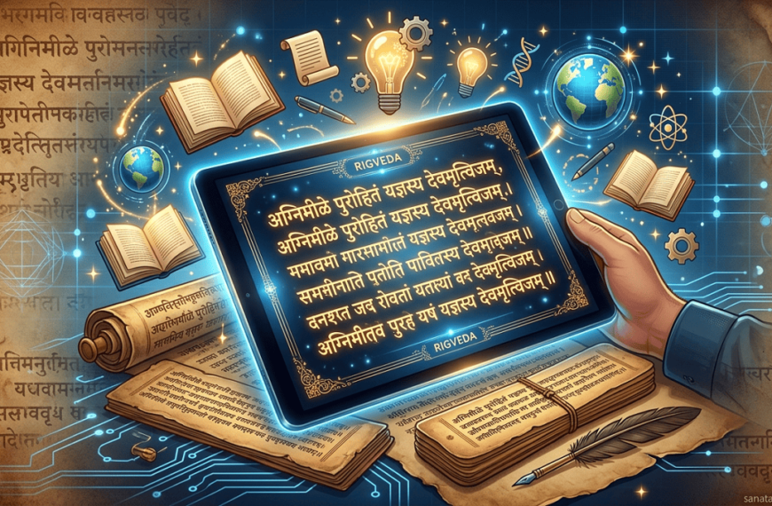 Digital illustration of Rigveda manuscripts on a tablet with floating knowledge symbols, showing a blend of ancient and modern learning.