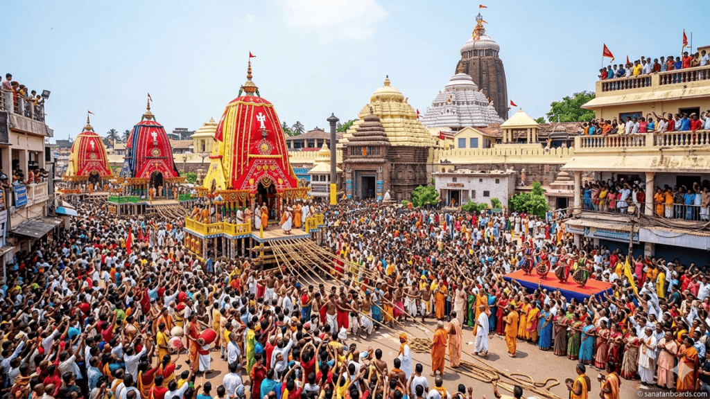 A vibrant scene of the Puri Ratha Yatra festival featuring the grand Jagannath Temple and massive colorful chariots being pulled by a vast crowd of devotees.