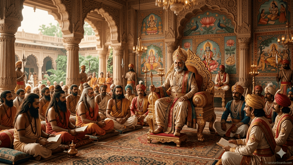 King Janaka seated on his throne in the Mithila Kingdom palace surrounded by scholars and courtiers.