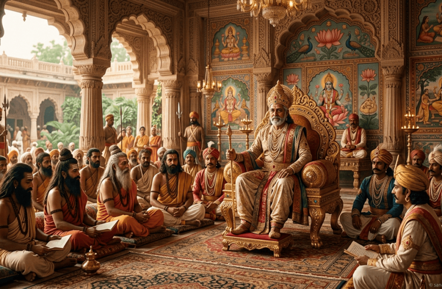 King Janaka seated on his throne in the Mithila Kingdom palace surrounded by scholars and courtiers.