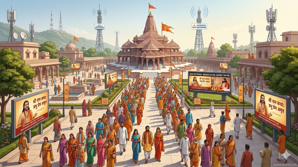A professional digital illustration of the Ayodhya Ram Network featuring pilgrims walking toward the Shri Ram Mandir with telecom towers and digital screens streaming Ram Katha in a modern, spiritual environment.