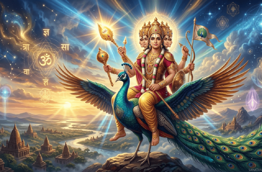 Lord Kartikeya as a six-faced warrior (Shanmukha) riding a peacock, holding a glowing Vel spear.