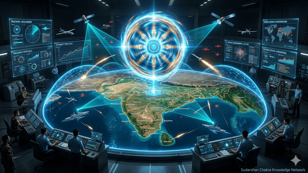 High-tech visualization of the Sudarshan Chakra Knowledge Network, showing a spinning disc above India, with radar beams, satellites, drones, and missile interceptors in action.