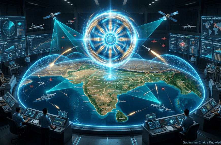 High-tech visualization of the Sudarshan Chakra Knowledge Network, showing a spinning disc above India, with radar beams, satellites, drones, and missile interceptors in action.