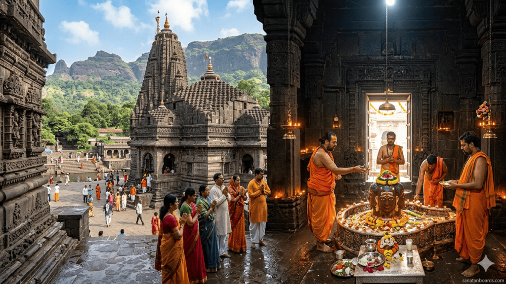 A panoramic view of the dark stone Trimbakeshwar temple complex against green mountains (left) and priests performing a ritual around the decorated three-faced Jyotirlinga (right). The watermark 'sanatanboards.com' is in the corner.