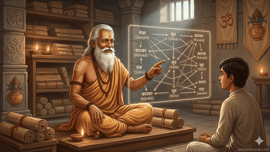 Panini teaching Sanskrit grammar with glowing network of interconnected rules in an ancient library.