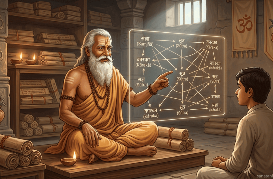 Panini teaching Sanskrit grammar with glowing network of interconnected rules in an ancient library.