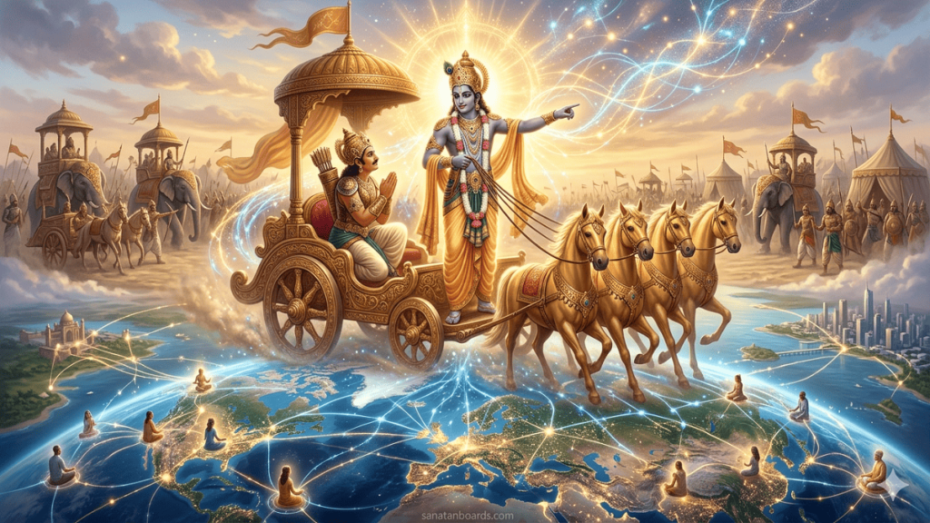 4K digital art of Lord Krishna and Arjuna on a golden chariot, with spiritual energy forming a glowing global network of light connecting people in meditation.