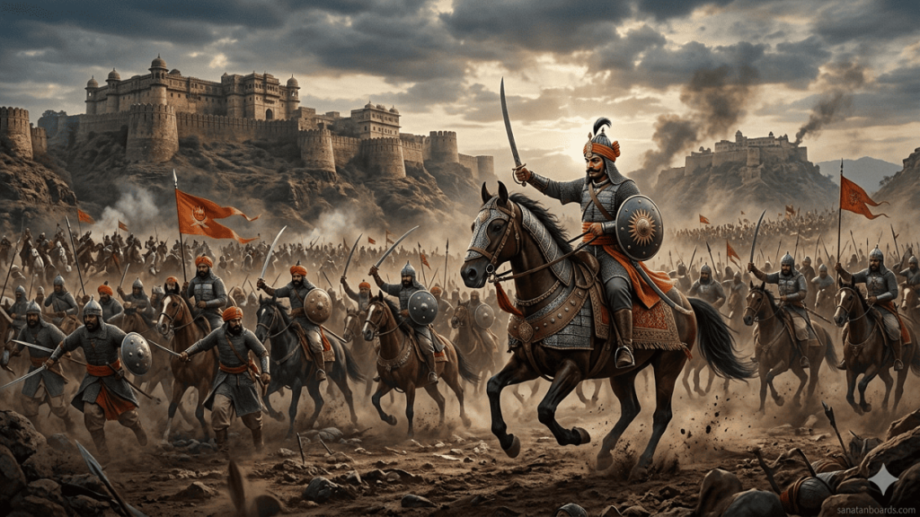 Maharana Pratap leading Rajput warriors in Mewar battlefield, historic fort in the background, watermark sanatanboards.com.