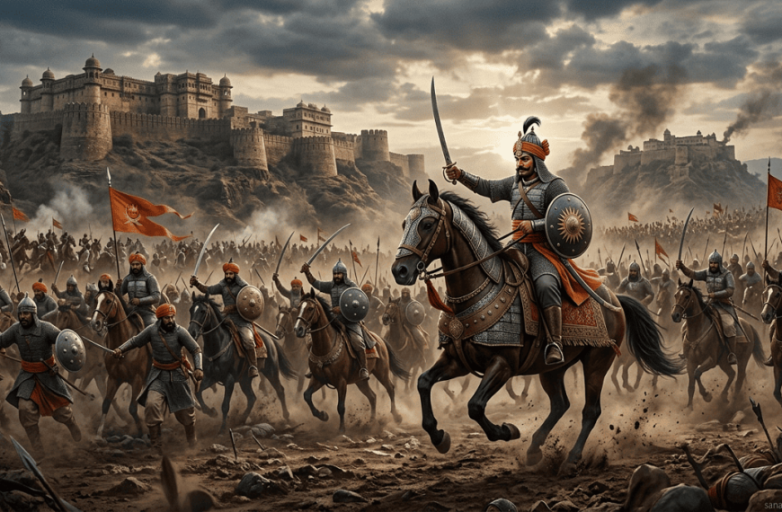 Maharana Pratap leading Rajput warriors in Mewar battlefield, historic fort in the background, watermark sanatanboards.com.