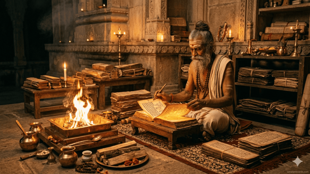 Students learning Yajurveda rituals digitally with traditional items, with watermark.