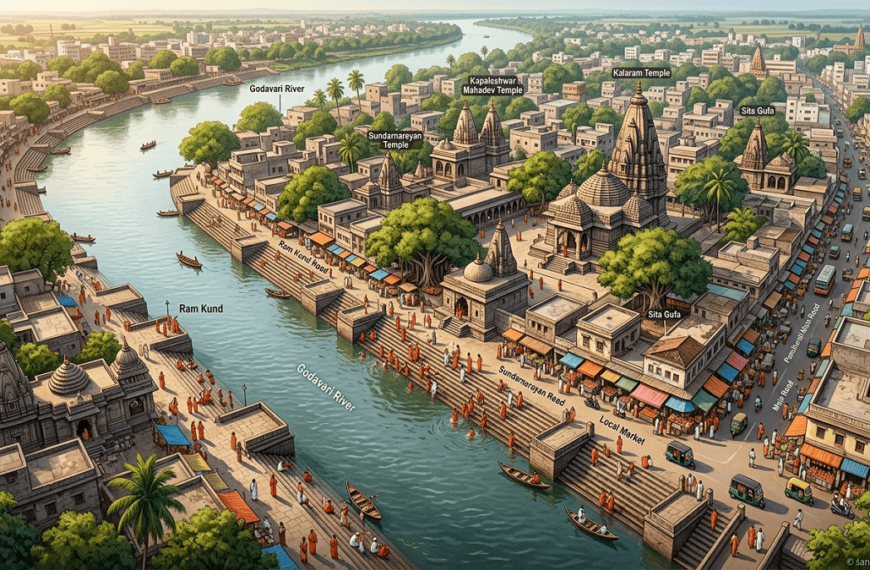 Aerial map of Panchavati, Nashik, showing Godavari river ghats, Kalaram Temple, and local markets with labels.