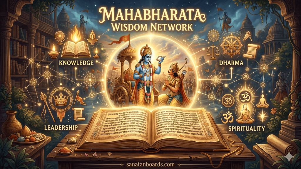 Digital illustration of Mahabharata Wisdom Network showing glowing ancient manuscript with Arjuna and Krishna guidance