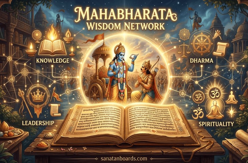 Digital illustration of Mahabharata Wisdom Network showing glowing ancient manuscript with Arjuna and Krishna guidance