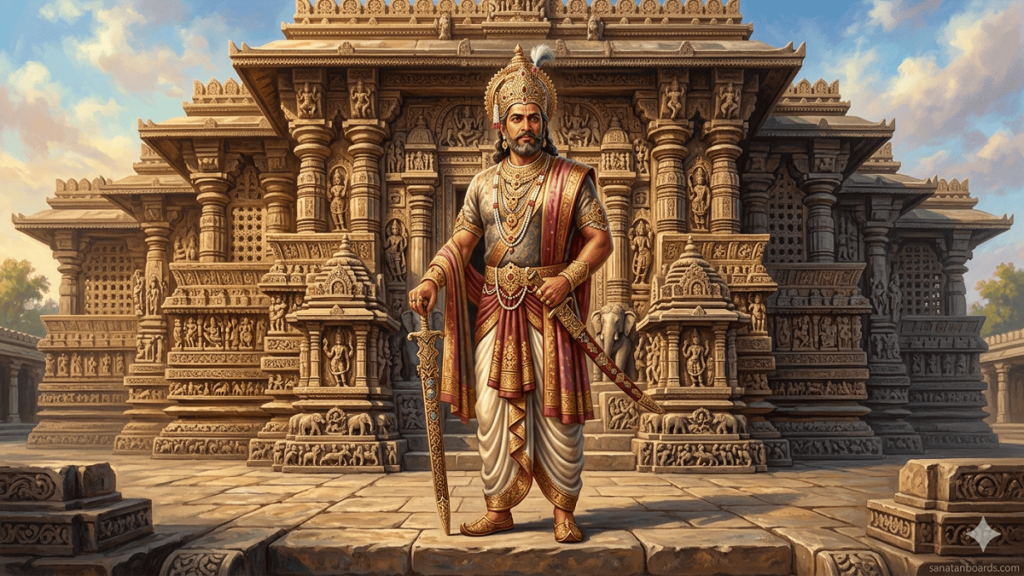 King Vishnuvardhana in 12th-century Hoysala attire with Chennakesava Temple in the background.