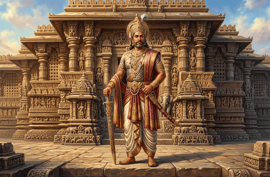 King Vishnuvardhana in 12th-century Hoysala attire with Chennakesava Temple in the background.
