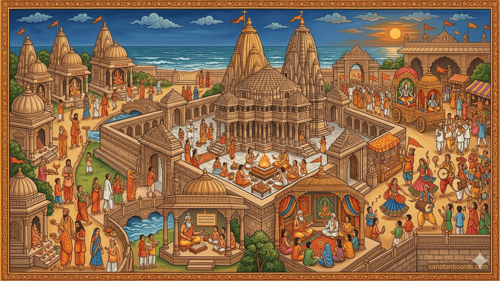 A detailed traditional Indian painting of a sprawling coastal temple complex bustling with religious activity, festivals, and pilgrims. A "sanatanboards.com" watermark is in the corner.