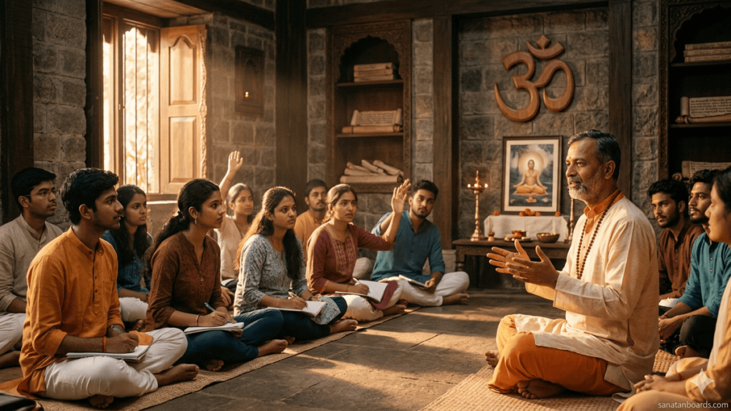 Sanatan Dharam Promoter teaching students with spiritual symbols and meditation elements
