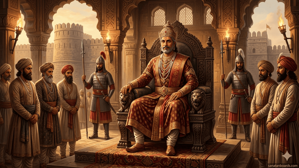 King Ramachandra seated on throne in Devagiri fort royal court scene