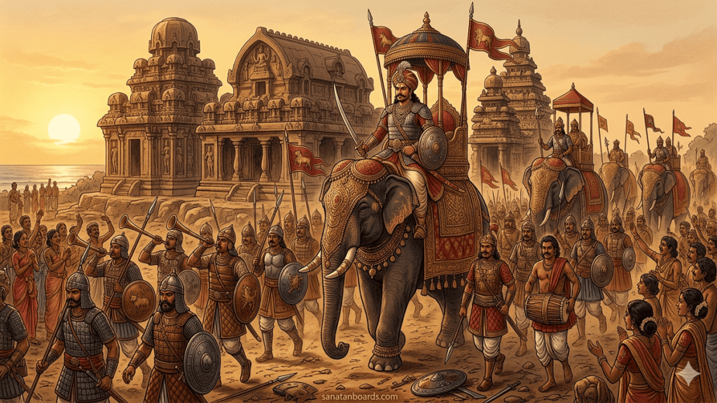 Narasimhavarman I leading army with Mahabalipuram temples in background