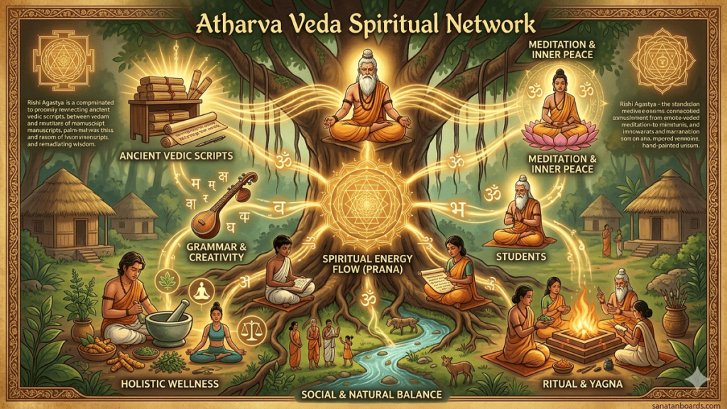 An educational illustration titled "Atharva Veda Spiritual Network" featuring a central banyan tree with glowing energy lines connecting various Vedic practices including meditation, Ayurveda, rituals, and linguistics.