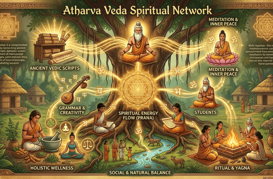 An educational illustration titled "Atharva Veda Spiritual Network" featuring a central banyan tree with glowing energy lines connecting various Vedic practices including meditation, Ayurveda, rituals, and linguistics.