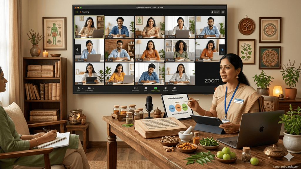 Virtual Ayurveda learning platform with students, herbal medicines, and technology, watermark sanatanboards.com.