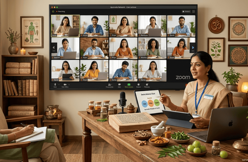 Virtual Ayurveda learning platform with students, herbal medicines, and technology, watermark sanatanboards.com.