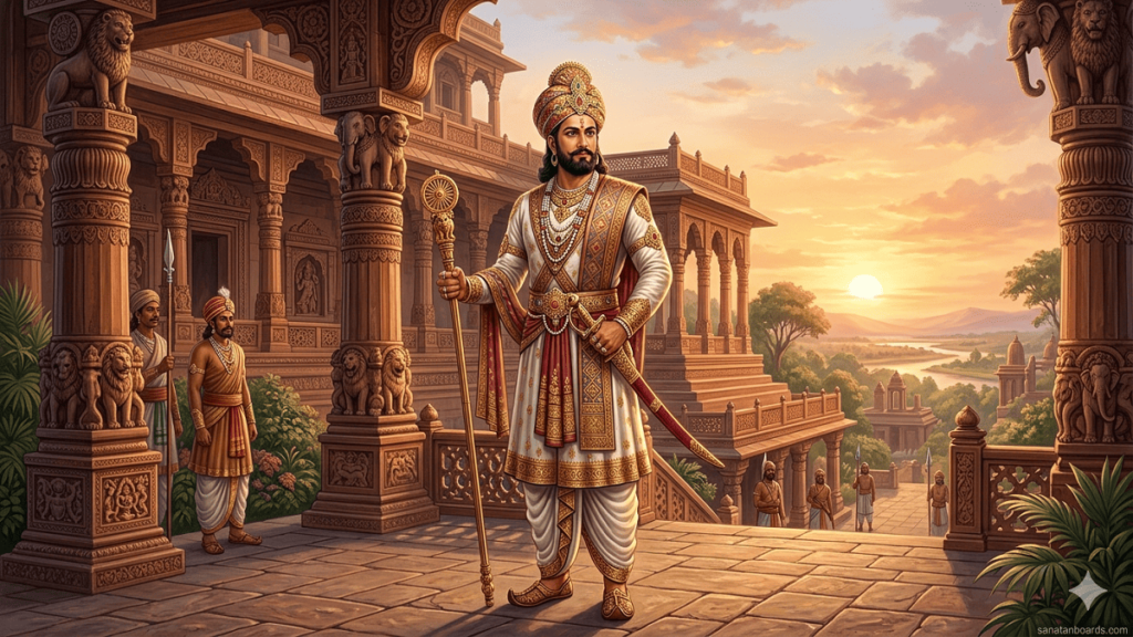 Ashoka the Great standing in front of a Mauryan palace, royal attire, with watermark sanatanboards.com