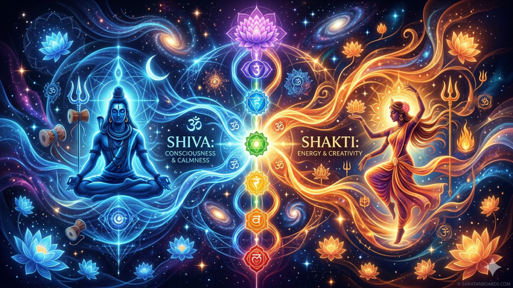 Cosmic digital illustration of the Shiva Shakti Network showing the balance of consciousness and energy in blue and orange tones.