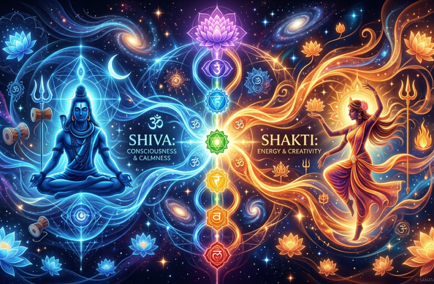 Cosmic digital illustration of the Shiva Shakti Network showing the balance of consciousness and energy in blue and orange tones.