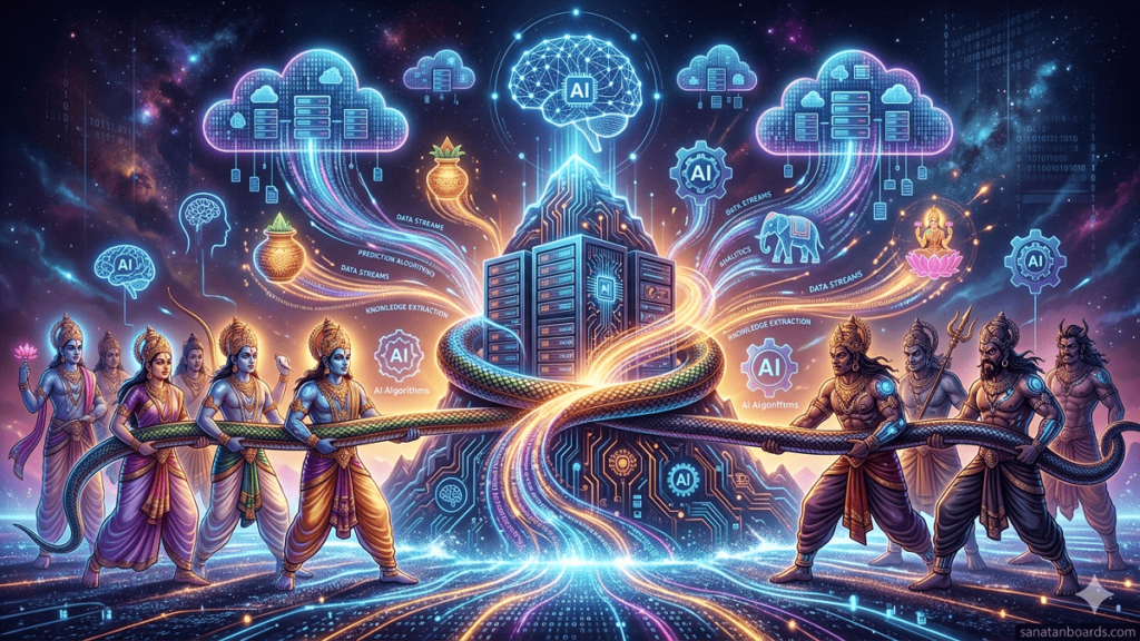 Samudra Manthan Churning Network blending mythology and modern technology.