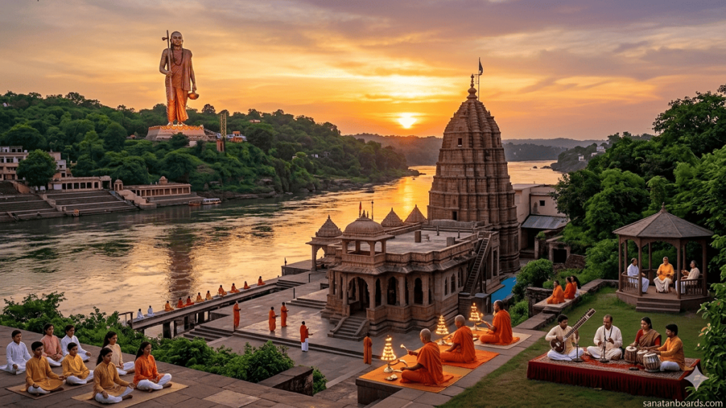 Serene sunset at Omkareshwar featuring the Jyotirlinga temple, Narmada River, and the 108-foot Statue of Oneness with monks and students in spiritual activities.