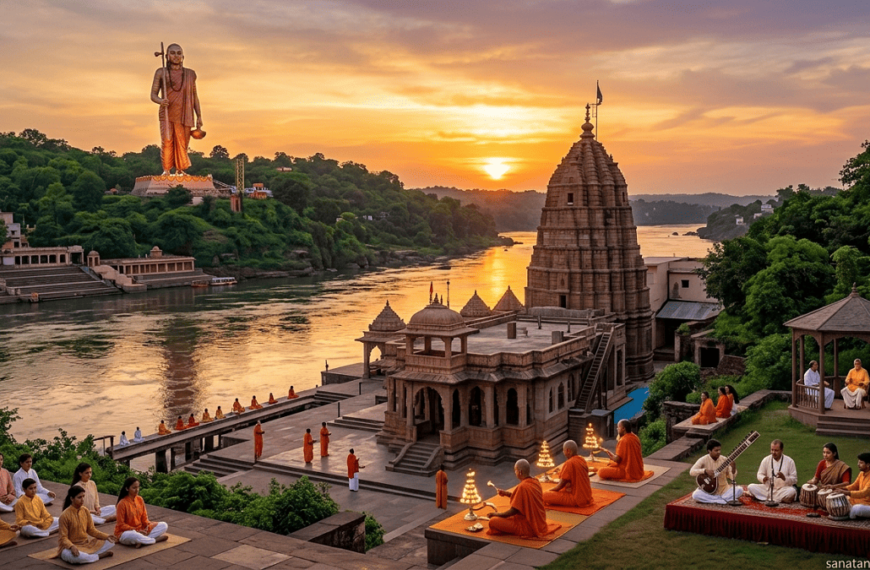 Serene sunset at Omkareshwar featuring the Jyotirlinga temple, Narmada River, and the 108-foot Statue of Oneness with monks and students in spiritual activities.