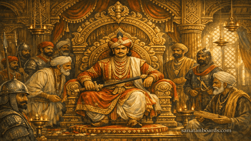 Marthanda Varma seated on a throne in 18th-century Travancore palace, with soldiers and ministers, watermark sanatanboards.com