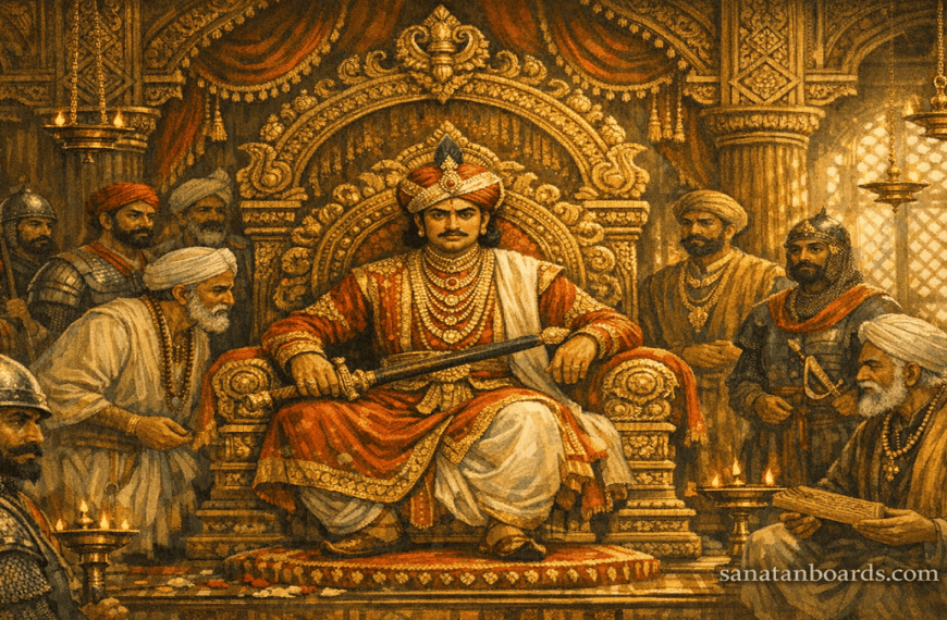 Marthanda Varma seated on a throne in 18th-century Travancore palace, with soldiers and ministers, watermark sanatanboards.com